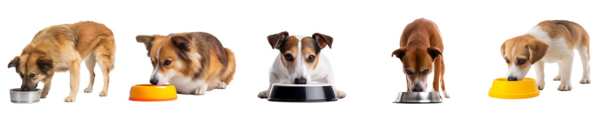 Set of Dogs eating food from pet bowls isolated on transparent background
