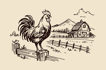 Rooster on fence farm scene ink sketch vector illustration © Victoria