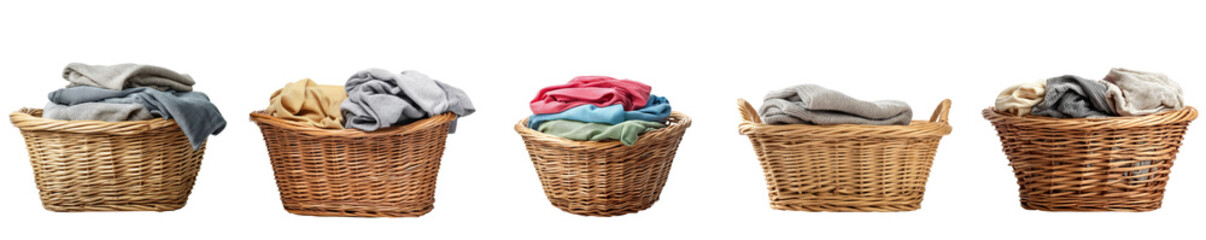 Laundry baskets filled with colorful clothes isolated on transparent background