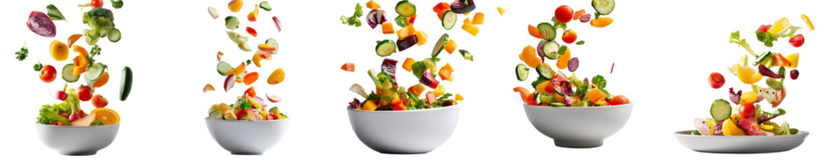 Set of fresh salad ingredients flying above white bowls isolated on transparent background