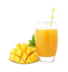 Tasty mango juice in glass and fresh fruit isolated on white