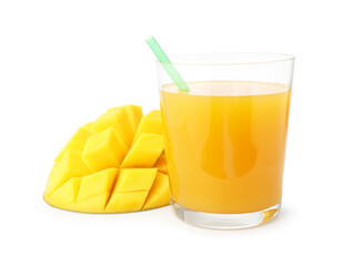 Tasty mango juice in glass and fresh fruit isolated on white