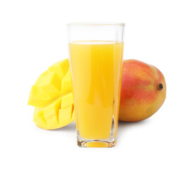Tasty mango juice in glass and fresh fruits isolated on white