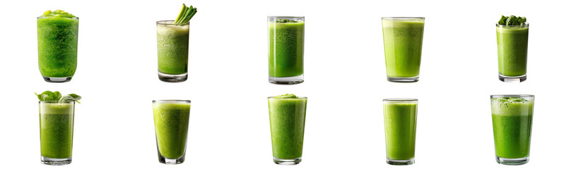 Green vegetable juice in various glasses isolated on transparent background