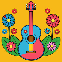 Guitar with Flowers toon style color background