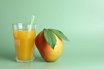 Tasty mango juice in glass and fresh fruit on green background, space for text