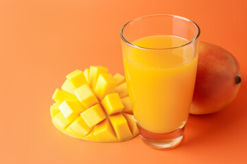 Tasty mango juice in glass and fresh fruits on orange background, closeup
