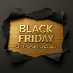 Design elegante de anúncio para Black Friday 2025, com texto dourado em fundo metálico e bordas rasgadas em preto, destacando a data promocional.