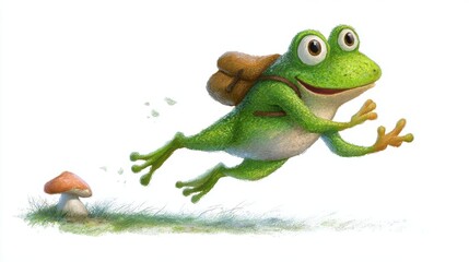 Fototapeta premium A cheerful frog with a backpack leaps through the air, a mushroom nearby.