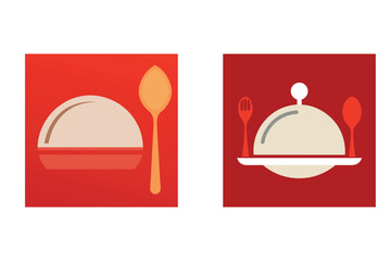 Minimalist flat design restaurant food cover spoon and fork icons on red background