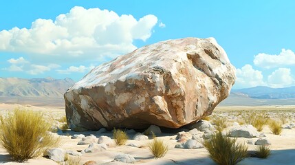 Large Boulder Resting in Desert Landscape with Blue Sky Backdrop