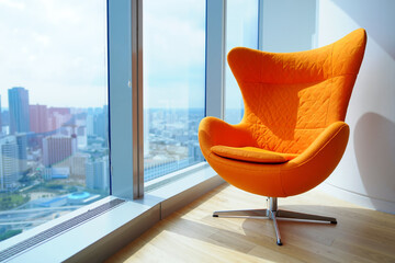 A bright orange chair is positioned near a large window, providing a panoramic view of the city's skyline under a clear sky. skyscrapers in the background. Generative AI.