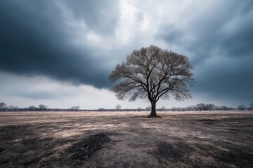 Dramatic Wide Shot of a Single Charred Tree Under Dark Stormy Clouds
