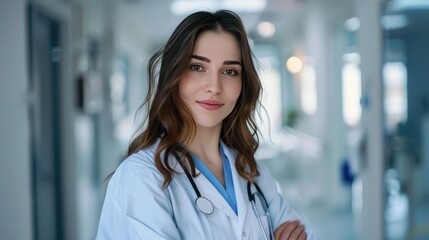 Fototapeta premium A young female doctor in a white coat against the background of the hospital interior. The concept of health and care.