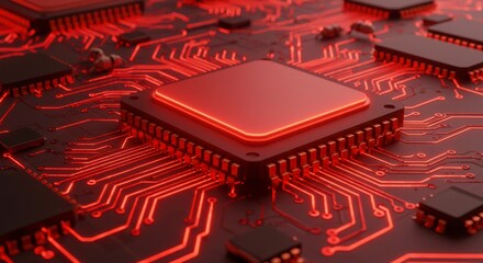 Red-lit central processing unit on a circuit board, intricate pathways glowing intensely