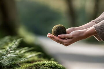Gentle Hands Holding a Small Mossy Sphere in a Serene Natural Setting