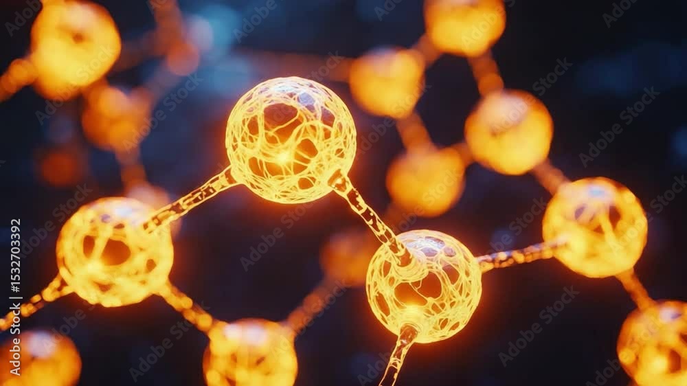 Poster Molecular Network Visualization: A captivating, close-up shot of a vibrant molecular network structure, with interconnected spheres glowing with an ethereal light, against a dark, dynamic background.