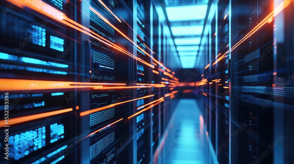 Aufkleber Futuristic data center with blue servers and fast-moving orange light trails, symbolizing high-speed data transfer, cloud computing, and modern network infrastructure
