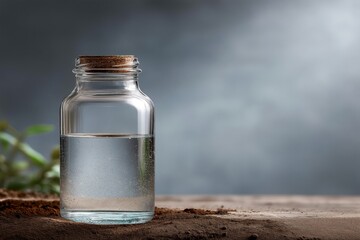 Glass Jar Filled With Clear Water on Wood Surface Surrounded by Coffee Grounds and Greenery