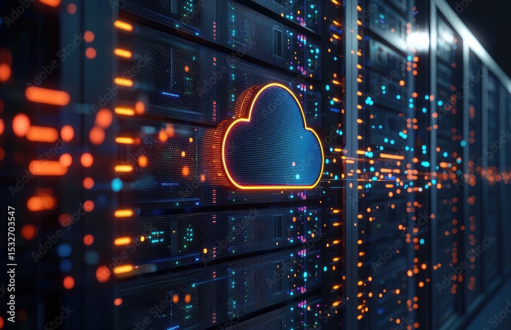 Poster futuristic data center corridor with glowing blue cloud icon and orange digital lights, representing