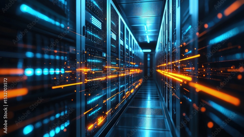 Aufkleber Futuristic data center with glowing blue servers and dynamic orange light streams, symbolizing data transfer, high-speed networking, and advanced cloud infrastructure systems