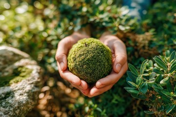 Gentle Hands Holding a Small Mossy Sphere Surrounded by Lush Greenery
