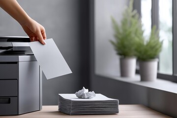 Hand Inserting Crumpled Paper Into Printer On Modern Office Desk With Greenery Background