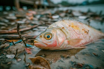 High Angle Shot Of A Pale Lifeless Fish Floating Amongst Debris In A Murky Water Environment