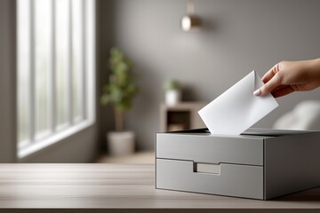 Hand Inserting Crumpled Paper Into Gray Storage Box On Modern Office Desk