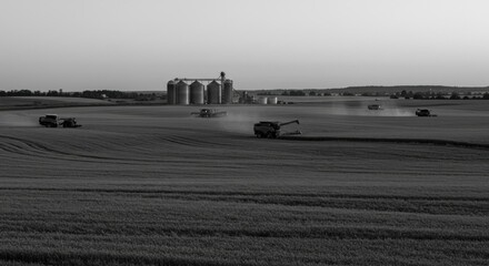 Harvest scene combines work a vast field, dust trails behind them, grain elevators in the distance