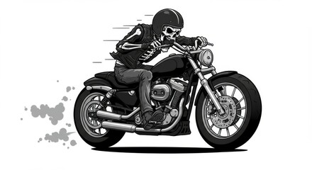 Obraz premium A skeleton biker speeds on a classic chopper motorcycle, leaving a trail of smoke. The image is rendered in grayscale