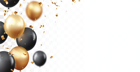 Beautiful black and gold balloons with confetti for invitation cards, celebration banner