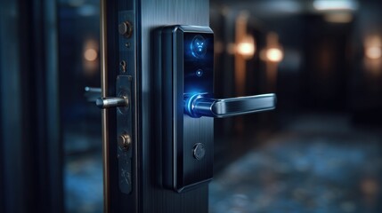 A door with a blue lock and a silver handle