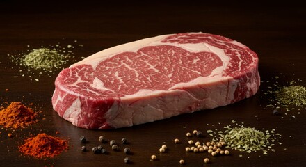 Fototapeta premium Fresh steak surrounded by various spices