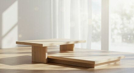 Wooden display podiums in a bright, sunlit room