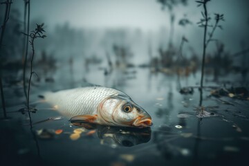 High Angle View of Lifeless Fish Floating in Misty Water Surrounded by Vegetation