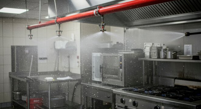 Commercial kitchen fire suppression system in operation