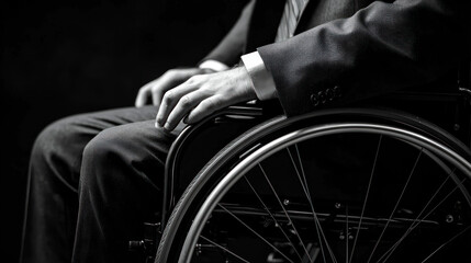 Obraz premium A man in a suit and tie sitting in a wheelchair with his hands on the wheel.