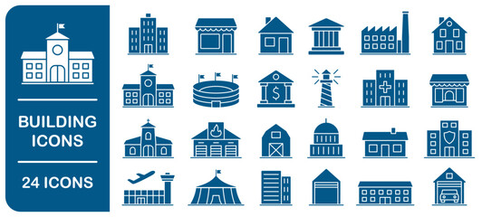 Building icon set. City architecture symbol sign. Containing Circus, airport, house, factory, bank, school, fire station, shop, hospital icons collection. Vector illustration image.
