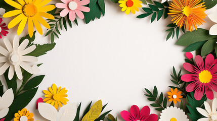 Fototapeta premium Vibrant floral paper art arrangement creates a bright and cheerful circular frame on a white backdrop.
