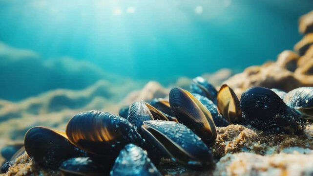 Mussels growing underwater on rocks in blue ocean water with sunbeams