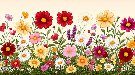Vibrant floral arrangement displays colorful daisies, cosmos, and other flowers in a natural garden setting.
