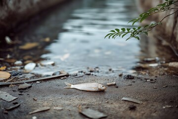 High Angle View of Pale Lifeless Fish Floating in Shallow Water with Leaves and Debris