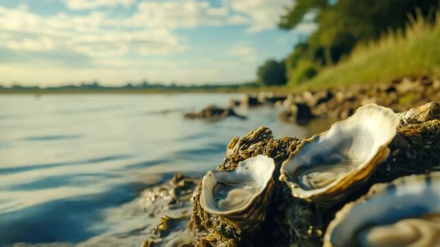 Open oysters growing on rocks by the river shore at sunset
