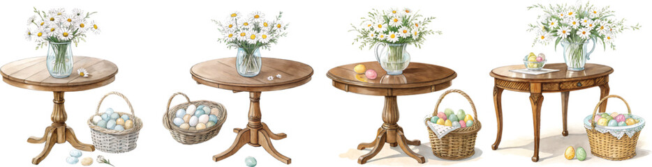 Vintage Easter Tables with Daisy Bouquets and Colorful Egg Baskets – Watercolor Spring Illustration