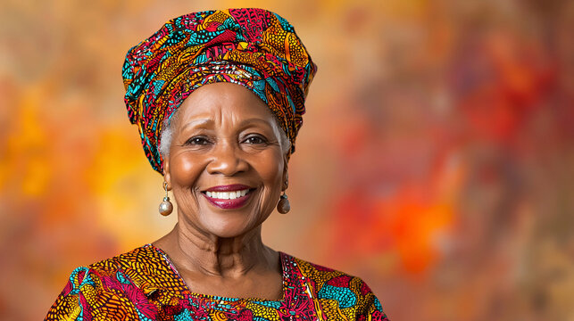 A beautiful senior African woman smiles warmly wea a colorful traditional headwrap and patterned clothing.