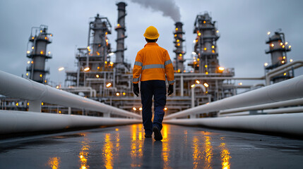A worker in safety gear walks towards a large industrial complex illuminated at dusk under a cloudy sky.