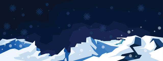 Arctic glacier landscape with falling snowflakes and ice formations in low-poly style. Vector illustration for winter backgrounds and climate change awareness design