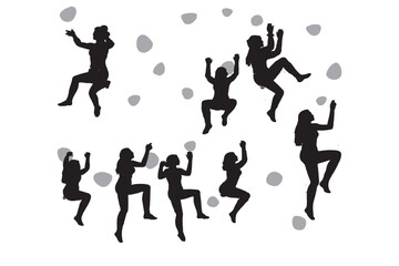 climbing wall silhouette collection set. sport, extreme, bouldering, rock, concept. different actions, poses. vector illustration