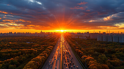 Golden sunrise over a busy highway leading towards the city skyline surrounded by autumn trees and clouds.